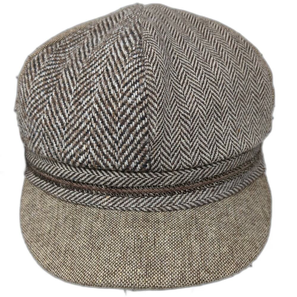 D&Y Army Cap Brown One Size Herringbone Acrylic Wool Blend Hat Side Ribbon